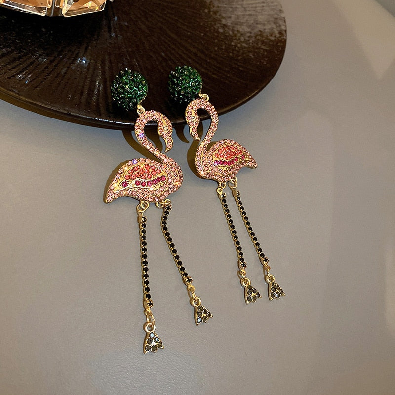Crystal Flamingo Tassel Earrings