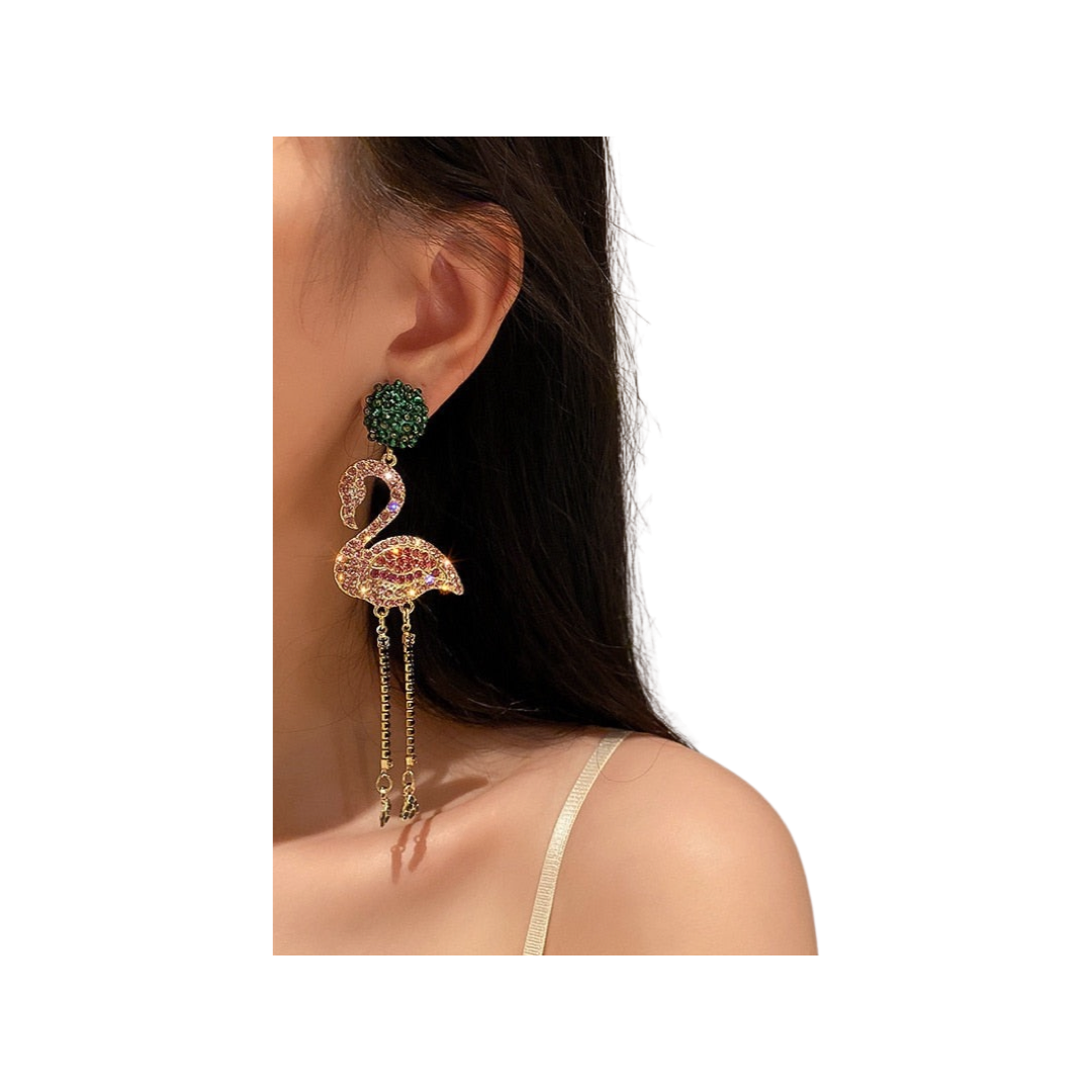 Crystal Flamingo Tassel Earrings